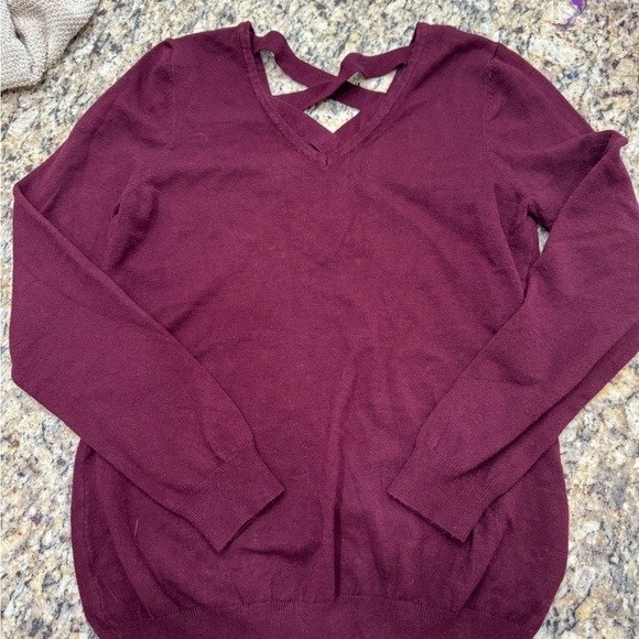 Cozy  V-Neck Sweater with Crisscross Back in Deep Burgundy - Picture 2 of 4